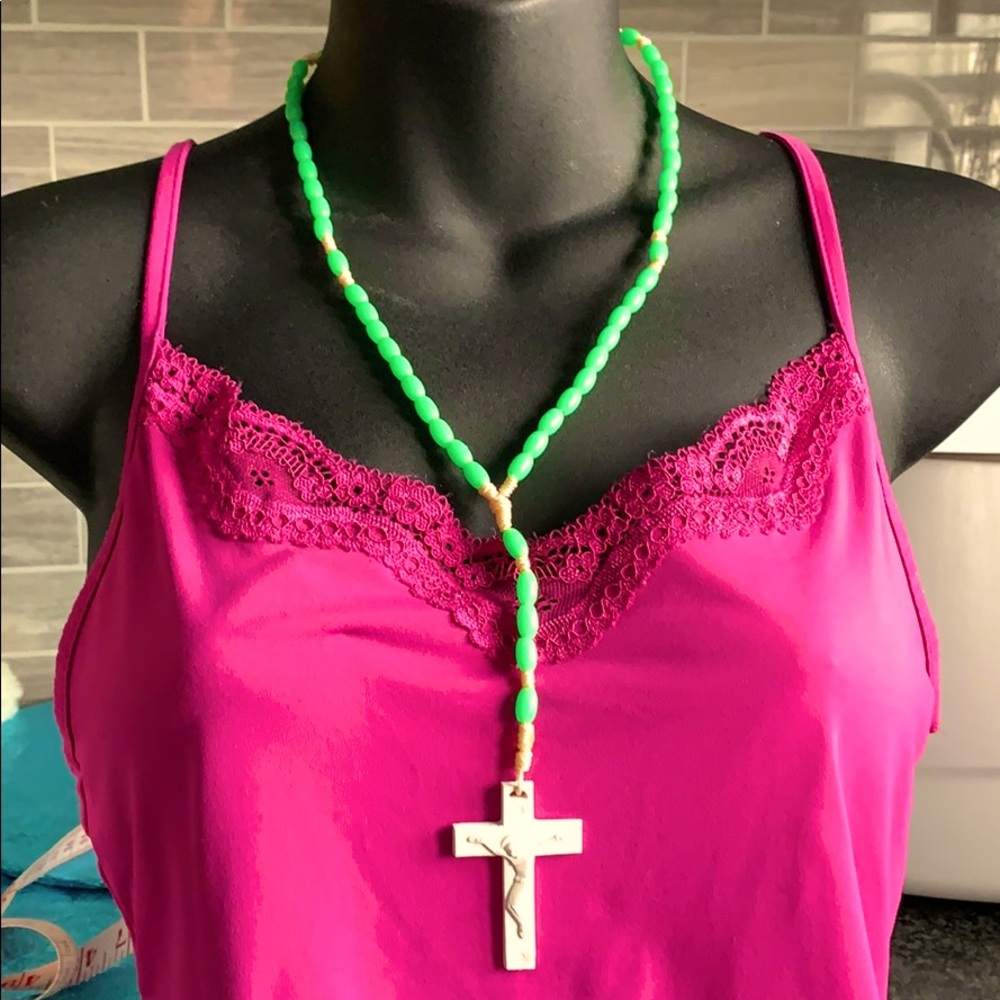 Rosary green beads white thread plastic cross